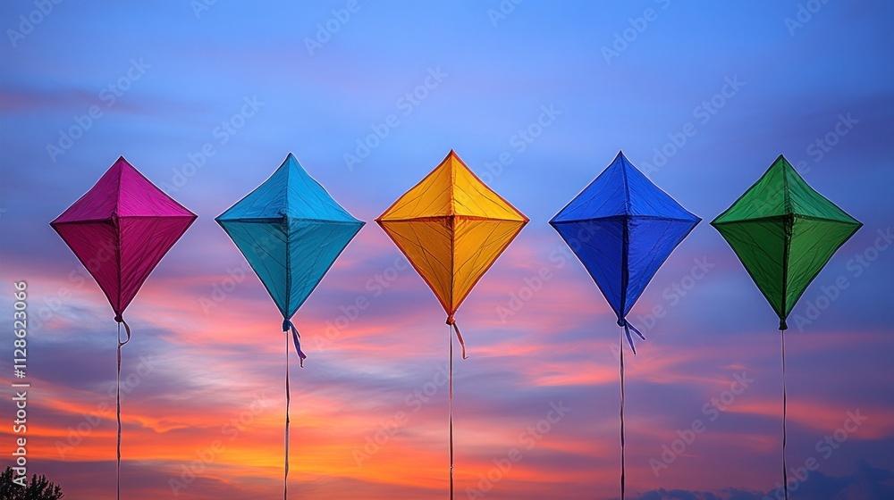 Colorful kites in diamond shapes against a vibrant sunset sky. Colorful kites in diamond shapes against a vibrant sunset sky.