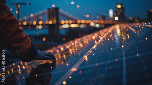 Worker Adjusting Solar Panel Reflecting Holiday City Lights Near Brooklyn Bridge photo