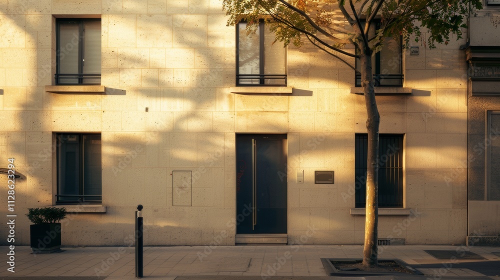 Elegant Parisian architecture, modern minimalist building, complete wall with windows and doors, sunny afternoon, peaceful urban environment, no people present.