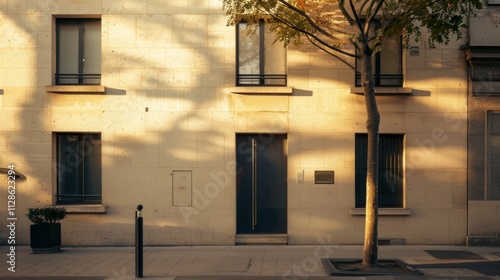 Obraz na płótnie Elegant Parisian architecture, modern minimalist building, complete wall with windows and doors, sunny afternoon, peaceful urban environment, no people present. w salonie