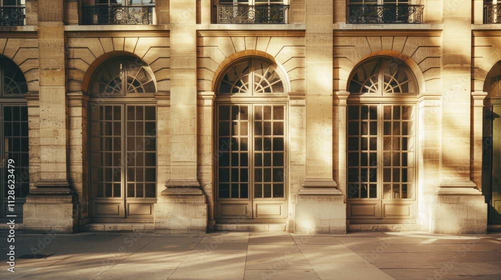 Elegant Parisian architecture, modern minimalist building, complete wall with windows and doors, sunny afternoon, peaceful urban environment, no people present.
