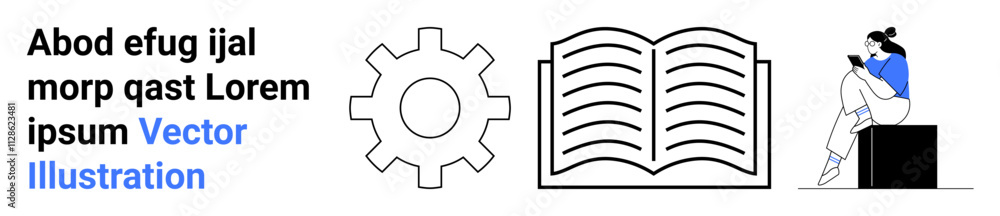 Text block alongside a gear icon, open book, and woman sitting on a stool reading. Ideal for educational themes, learning, knowledge dissemination, technical concepts, user manuals, reading habits Text block alongside a gear icon, open book, and woman sitting on a stool reading. Ideal for educational themes, learning, knowledge dissemination, technical concepts, user manuals, reading habits