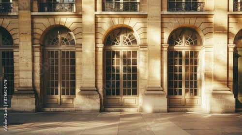 Obraz na płótnie Elegant Parisian architecture, modern minimalist building, complete wall with windows and doors, sunny afternoon, peaceful urban environment, no people present. w salonie