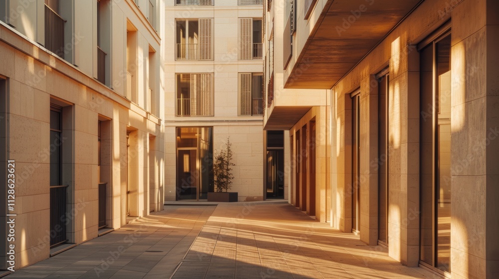 Elegant Parisian architecture, modern minimalist building, full wall with windows and doors, sunny afternoon, peaceful atmosphere, no people visible.