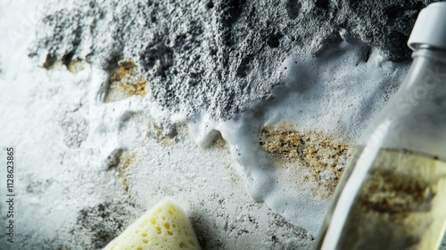 Close-up Detailed Image of Mold Removal Process on a Textured Surface using Cleaning Solution and Sponge: A Guide to Effective Mold Remediation photo