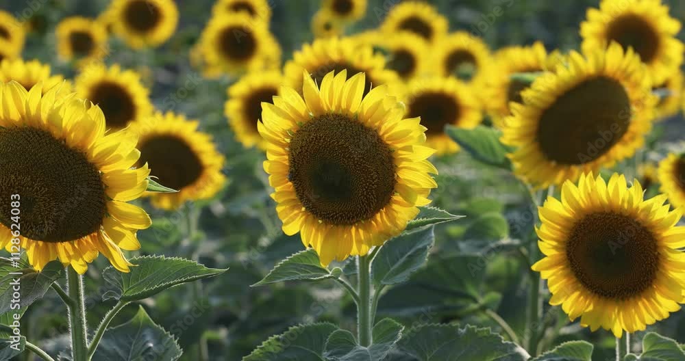 Sunflowers gracefully swaying in a sunlit field under a gentle breeze Sunflowers gracefully swaying in a sunlit field under a gentle breeze