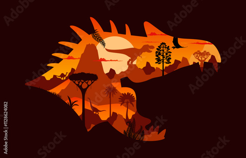 Prehistoric dinosaur head silhouette. Vector sunset scene with ancient reptile shadows at ancient, Jurassic era landscape inside of dino head frame. Majestic evening jungle rainforest environment