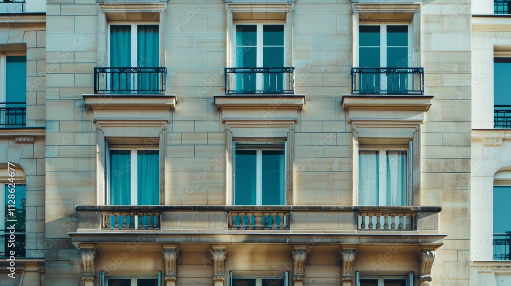 Elegant Parisian architecture, modern minimalist building, full wall with windows and doors, warm sunlight, peaceful urban setting, no people present.