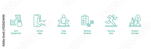 Comprehensive Exercise Icon Set - Vector Illustrations for Gym Equipment, Fitness Apps, Yoga Poses, Workout Routines, Running Gear, and Outdoor Activities