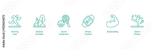 Dynamic Fitness Icon Set - Vector Illustrations for Running Gear, Outdoor Activities, Sports Equipment, Fitness Trackers, Bodybuilding, and Dance Fitness