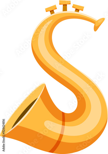 Horn or saxophone musical instrument font S letter. Sound festival classic equipment English ABC symbol, musician acoustic musical instrument or orchestra brass horn alphabet typeset vector letter