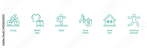 Active Living Icon Set - Vector Illustrations for Cycling, Athletic Wear, Pilates, Group Fitness, Home Gym, and Stretching Exercises
