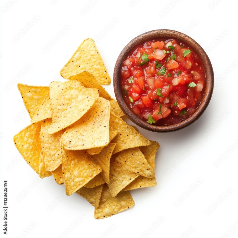Chips and Salsa isolated on white background, top view Chips and Salsa isolated on white background, top view