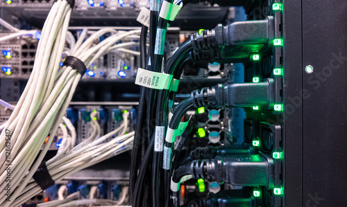 Network server cables and connections illuminated in data center at night photo