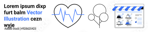Marketing text with blue, black characters, heartbeat in black heart shape with blue pulse lines, and minimal balloons. Web store interface display with shopping options. Ideal for healthcare