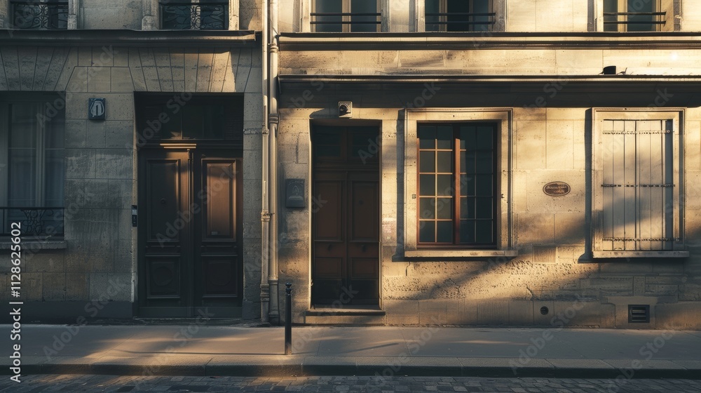 Elegant Parisian architecture, modern minimalist building, full wall with windows and doors, warm sunlight, serene urban setting, no people visible.