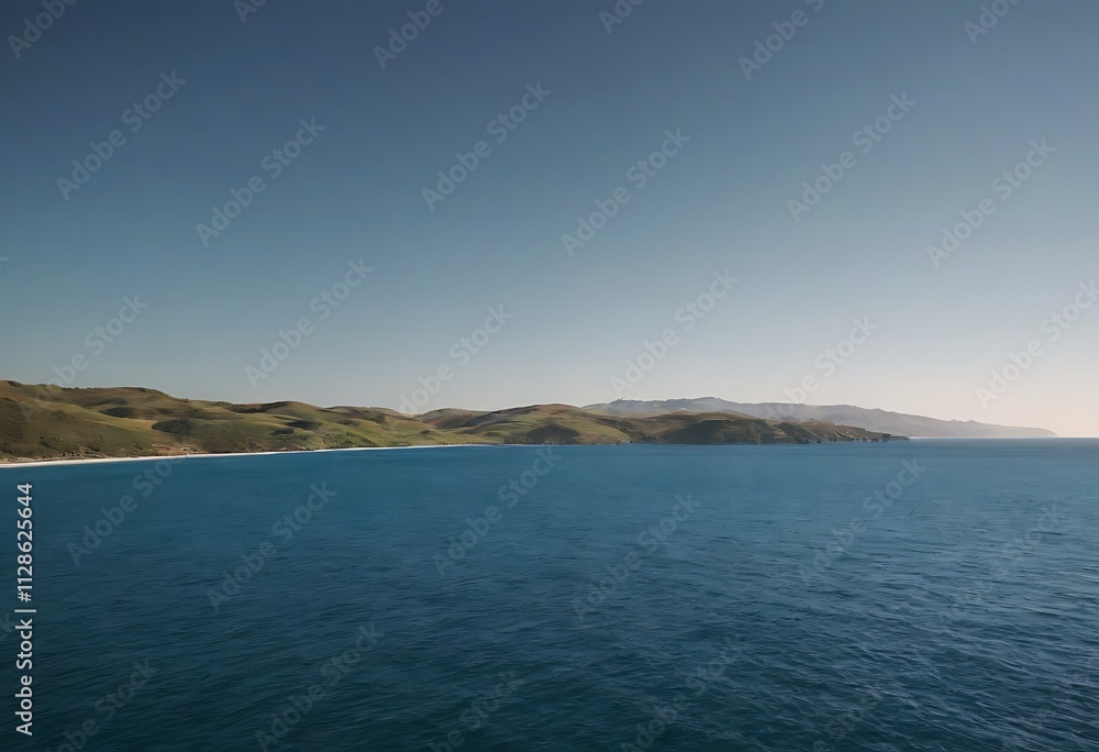 A serene coastal landscape with a crescent-shaped beach, rolling hills, and a vast blue ocean stretching towards the horizon. A serene coastal landscape with a crescent-shaped beach, rolling hills, and a vast blue ocean stretching towards the horizon.