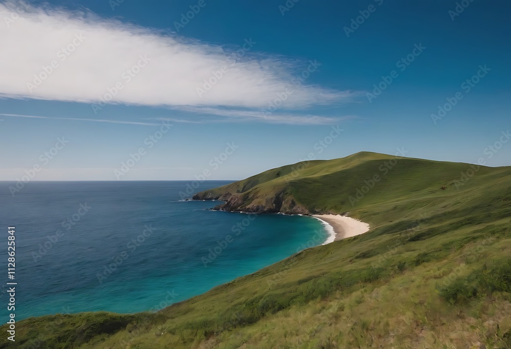 A serene coastal landscape with a crescent-shaped beach, rolling hills, and a vast blue ocean stretching towards the horizon. A serene coastal landscape with a crescent-shaped beach, rolling hills, and a vast blue ocean stretching towards the horizon.