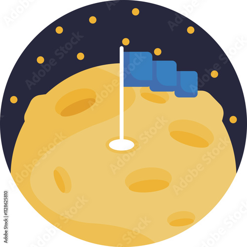 A symbolic representation of the first human footsteps on the moon, featuring a crescent-shaped moon with a flag planted firmly in the lunar surface. 