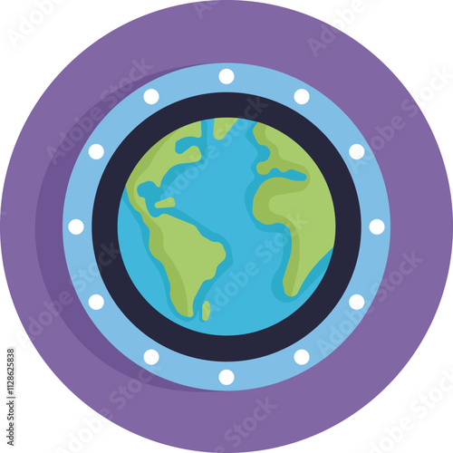 A minimalist depiction of Planet Earth, highlighting the blue oceans and green landmasses in a stylized, simple design.