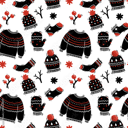 Christmas and Winter Hand Drawing Seamless Pattern. Winter Holiday Design. Illustration with Knitted Mittens and Gloves, Cap Hat with Pom Pom, Socks, Sweater. Suitable for Package, Textile, Print.