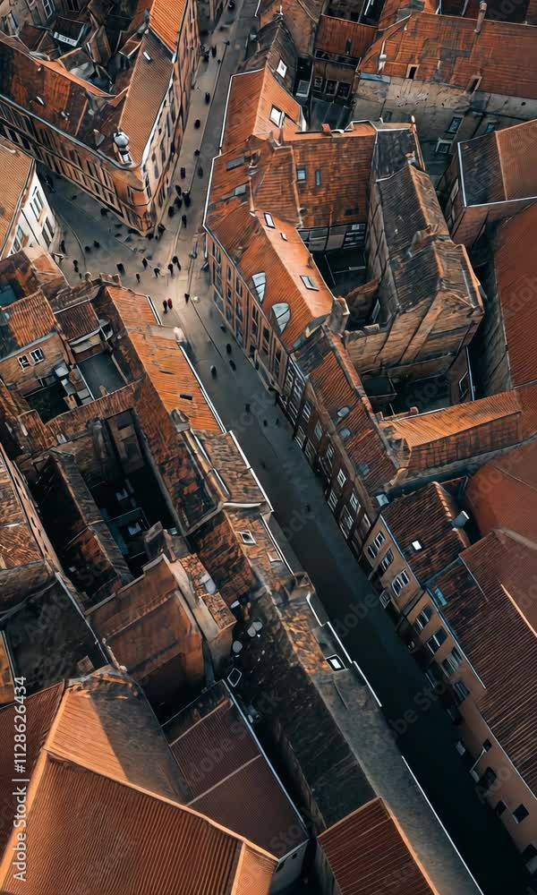 Bird's eye view of charming historic streets and rooftops in a quaint city during sunset hours Bird's eye view of charming historic streets and rooftops in a quaint city during sunset hours