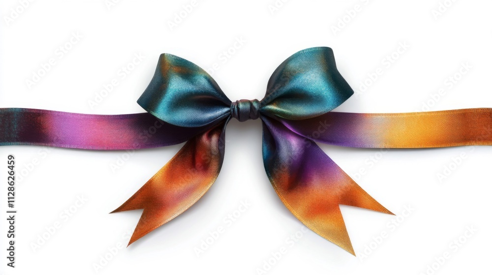 Colorful iridescent ribbon bow on white background