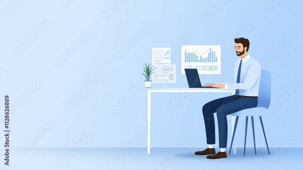A digital illustration of a man working at a modern desk with a laptop, charts on a monitor, and a plant, set against a light blue background. A digital illustration of a man working at a modern desk with a laptop, charts on a monitor, and a plant, set against a light blue background.