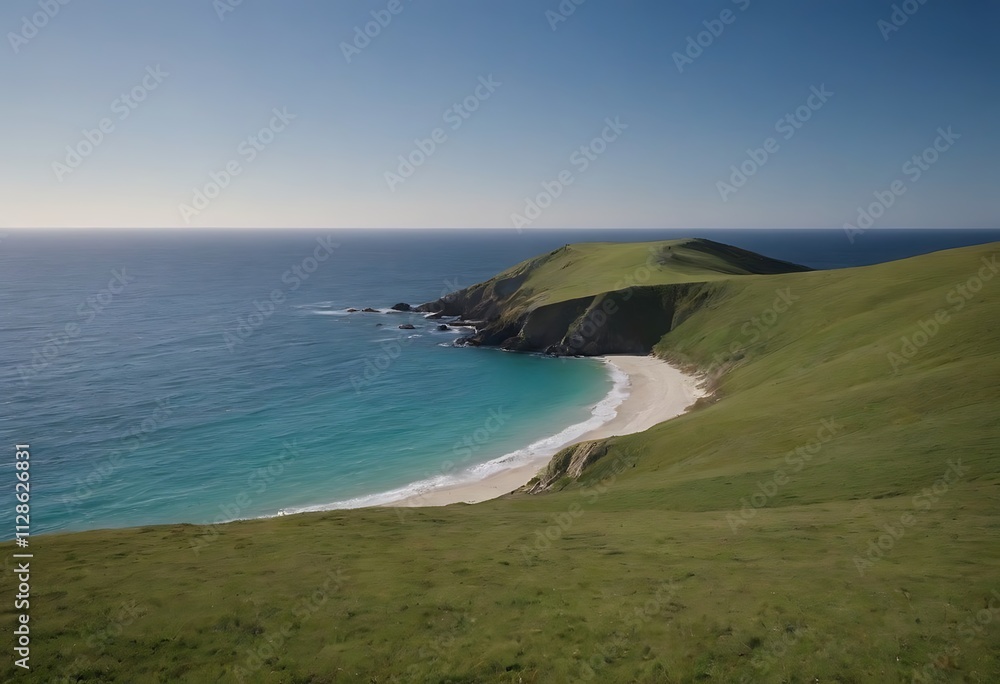 A serene coastal landscape with a crescent-shaped beach, rolling hills, and a vast blue ocean stretching towards the horizon. A serene coastal landscape with a crescent-shaped beach, rolling hills, and a vast blue ocean stretching towards the horizon.
