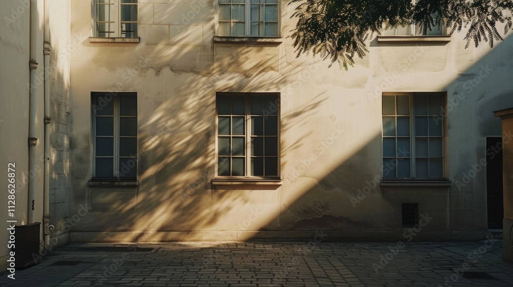Elegant Parisian building, contemporary minimalist architecture, complete wall with windows and doors, warm sunlight, serene atmosphere, no people around.