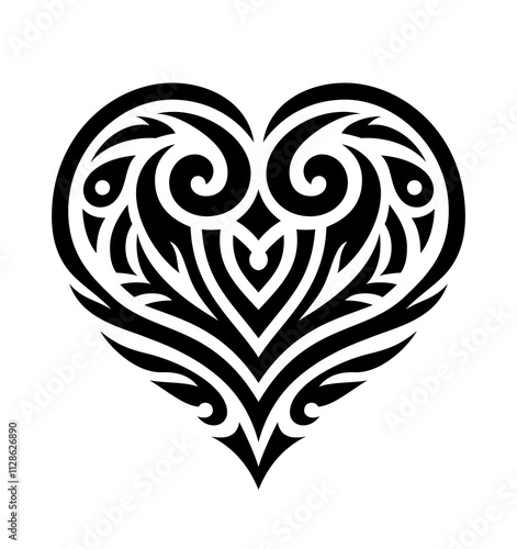 A black heart shaped vector pattern. A female tattoo in a tribe drawing style. A decorative linear logo illustration.