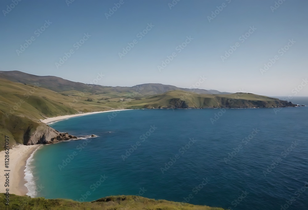 A serene coastal landscape with a crescent-shaped beach, rolling hills, and a vast blue ocean stretching towards the horizon. A serene coastal landscape with a crescent-shaped beach, rolling hills, and a vast blue ocean stretching towards the horizon.