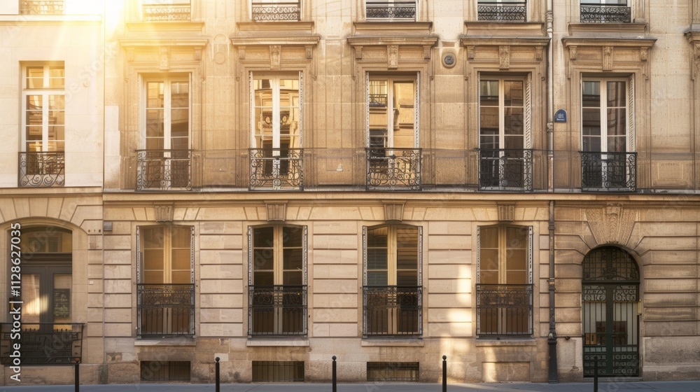 Elegant Parisian building, contemporary minimalist architecture, complete wall with windows and doors, warm sunlight, serene atmosphere, no people around.