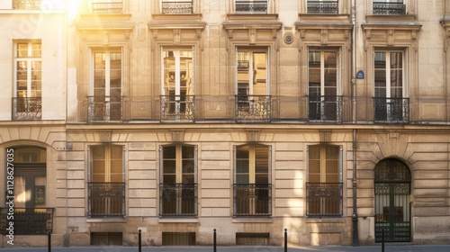 Obraz na płótnie Elegant Parisian building, contemporary minimalist architecture, complete wall with windows and doors, warm sunlight, serene atmosphere, no people around. w salonie