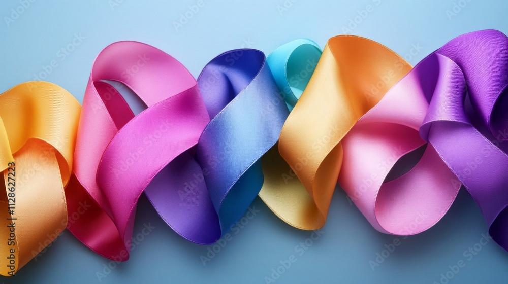 Colorful satin ribbons arranged in a wavy pattern