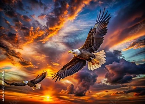 A Stunning Night Photography Scene Featuring Majestic Eagles Soaring Through a Vibrant Sky with Dynamic Clouds and Enchanting Twilight Colors photo