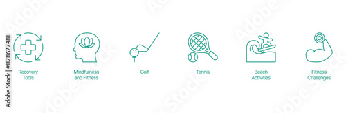 Health and Leisure Icon Set - Vector Illustrations for Recovery Tools, Mindfulness, Golf, Tennis, Beach Activities, and Fitness Challenges