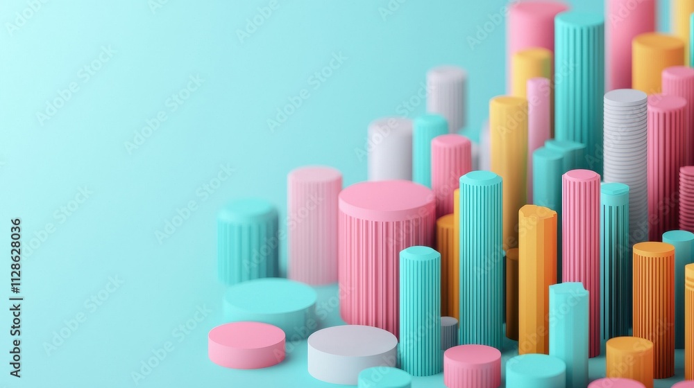 A vibrant arrangement of cylindrical shapes in pastel colors, creating a playful and modern aesthetic against a soft blue background. A vibrant arrangement of cylindrical shapes in pastel colors, creating a playful and modern aesthetic against a soft blue background.