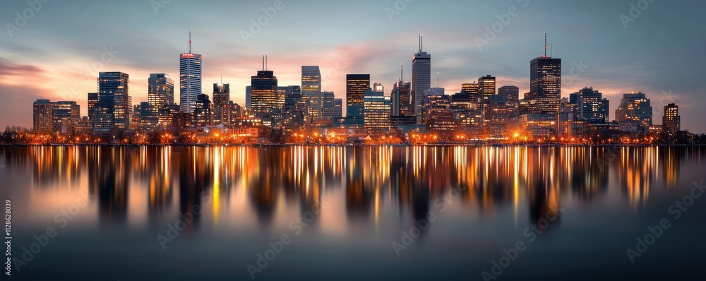 Naklejka premium Dusk cityscape illuminated office buildings in business district