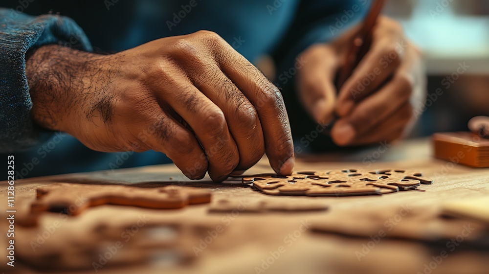A close-up of hands working on a DIY project, such as crafting or assembling a puzzle A close-up of hands working on a DIY project, such as crafting or assembling a puzzle