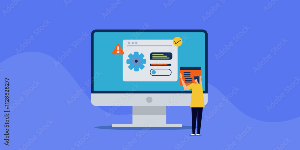 Software application update and computer system maintenance, bug fixing installing new version technical engineering concept. Software application update and computer system maintenance, bug fixing installing new version technical engineering concept.