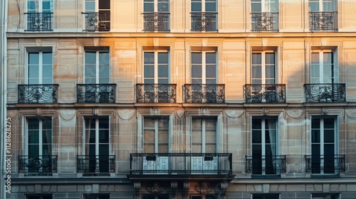 Obraz na płótnie Elegant Parisian building facade, minimalist design, complete wall with windows and doors, sunny afternoon light, peaceful urban setting, no people. w salonie