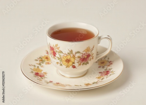 Floral Teacup and Saucer with Tea 