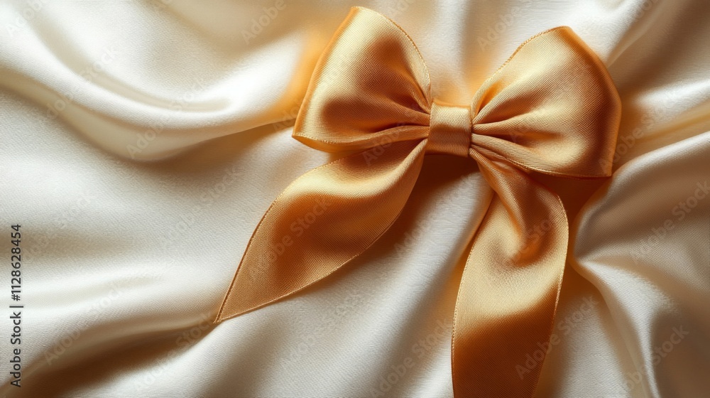 Golden Ribbon Bow on Smooth Cream Satin Fabric Golden Ribbon Bow on Smooth Cream Satin Fabric