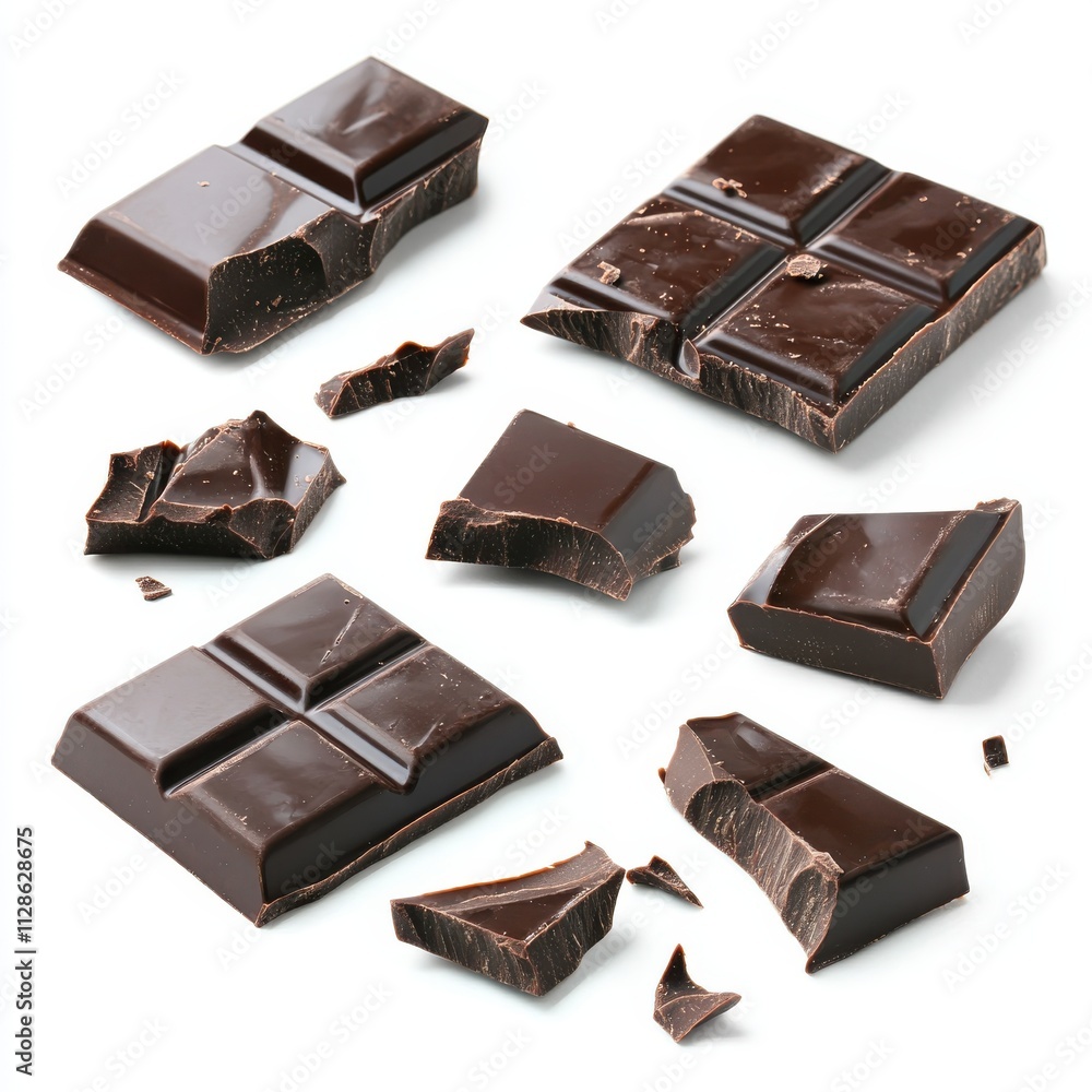 Dark chocolate blocks and bieces isolated on white background Dark chocolate blocks and bieces isolated on white background