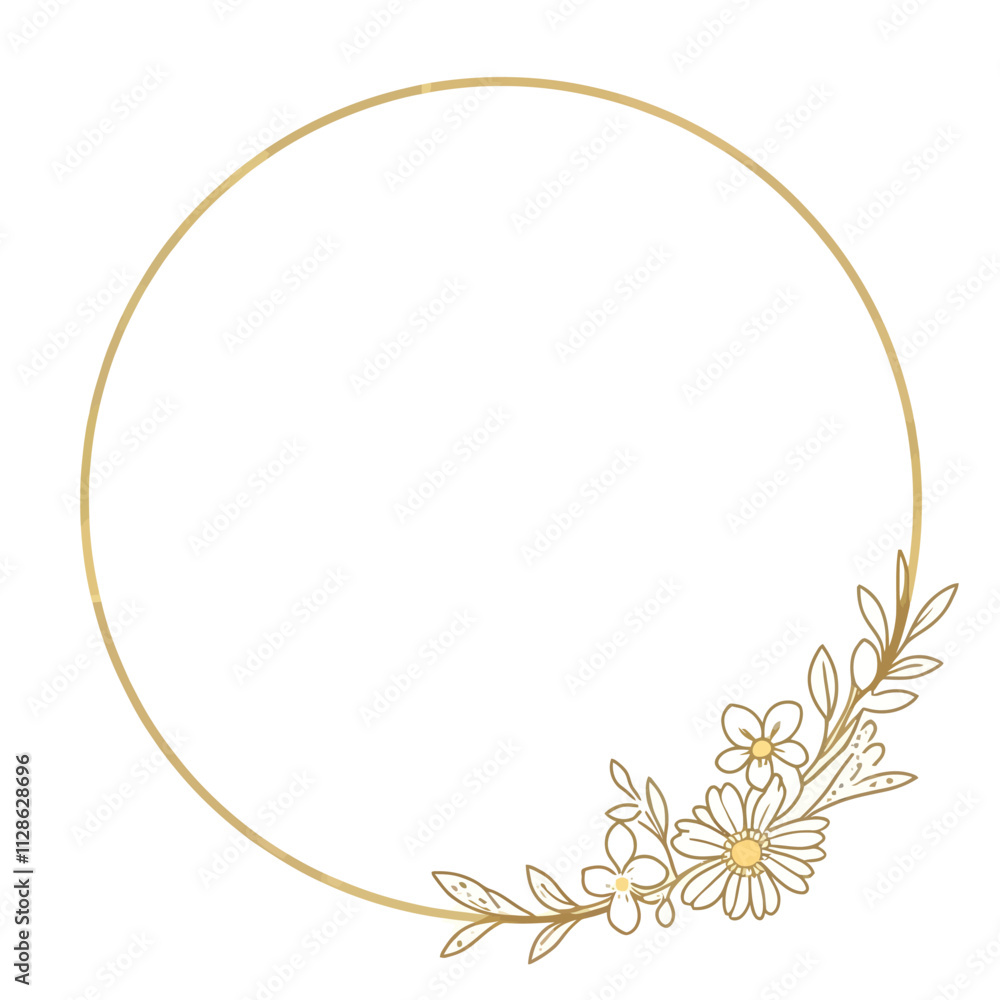 Round golden floral wreath frame with hand drawn flowers and leaves decoration Round golden floral wreath frame with hand drawn flowers and leaves decoration