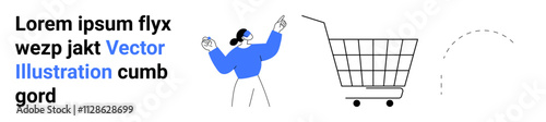 Ideal for illustrating e-commerce dynamics with a character gesturing towards a shopping cart. Applicable themes business meetings, marketing strategies, educational visuals, service sector trends