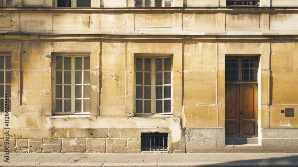 Elegant Parisian building facade, minimalist design, facing a wall with windows and doors, sunny afternoon light, peaceful urban setting, no people present.