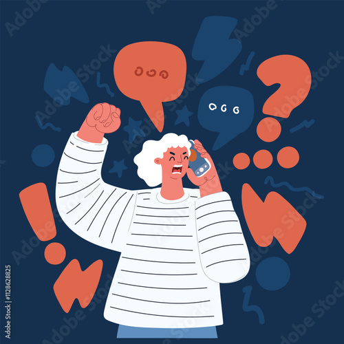 Cartoon vector illustration of the concept of an angry woman talking on the phone, arguing and feeling very irritated