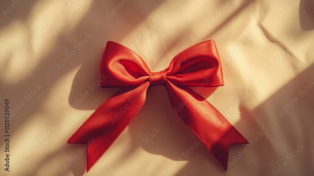 Red satin ribbon bow on beige fabric background Red satin ribbon bow on beige fabric background